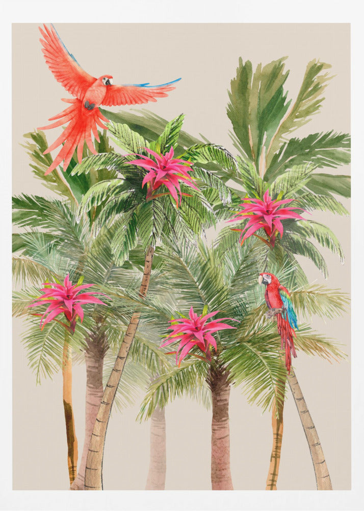 A watercolor painting of a tropical scene featuring several palm trees with bright pink bromeliad flowers. A vibrant red macaw is in flight at the top left, and another red and blue macaw is perched on a palm frond on the right, all set against a light beige background. Wall Art