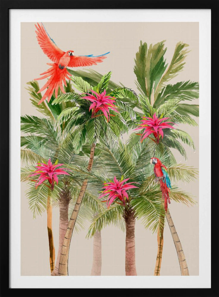 A watercolor painting of a tropical scene featuring several palm trees with bright pink bromeliad flowers. A vibrant red macaw is in flight at the top left, and another red and blue macaw is perched on a palm frond on the right, all set against a light beige background. Wall Art
