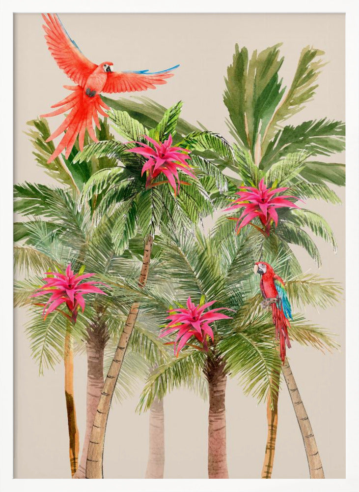 A watercolor painting of a tropical scene featuring several palm trees with bright pink bromeliad flowers. A vibrant red macaw is in flight at the top left, and another red and blue macaw is perched on a palm frond on the right, all set against a light beige background. Wall Art