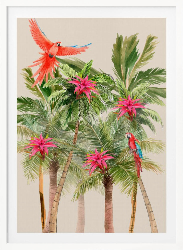 A watercolor painting of a tropical scene featuring several palm trees with bright pink bromeliad flowers. A vibrant red macaw is in flight at the top left, and another red and blue macaw is perched on a palm frond on the right, all set against a light beige background. Wall Art