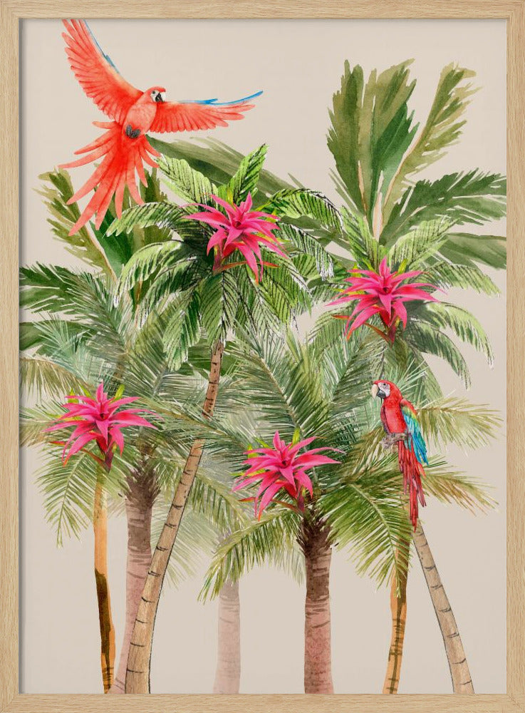 A watercolor painting of a tropical scene featuring several palm trees with bright pink bromeliad flowers. A vibrant red macaw is in flight at the top left, and another red and blue macaw is perched on a palm frond on the right, all set against a light beige background. Wall Art