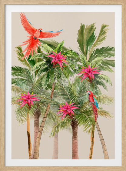 A watercolor painting of a tropical scene featuring several palm trees with bright pink bromeliad flowers. A vibrant red macaw is in flight at the top left, and another red and blue macaw is perched on a palm frond on the right, all set against a light beige background. Wall Art