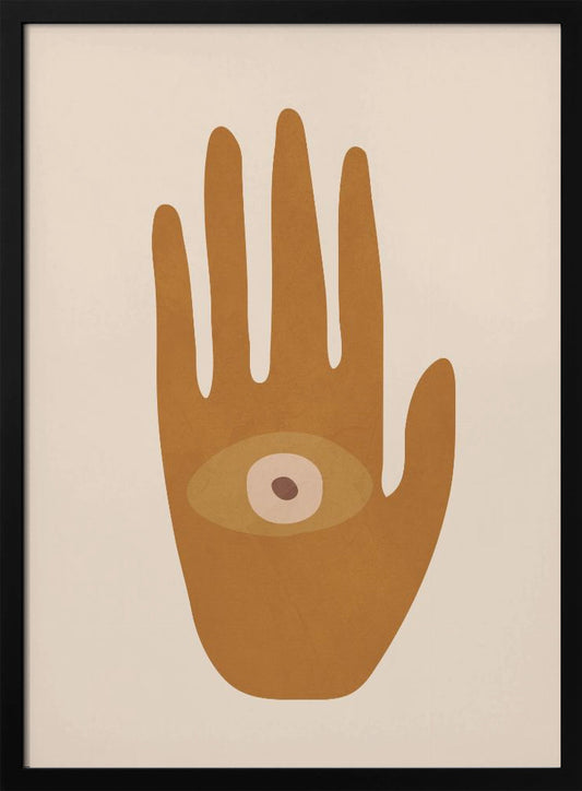A minimalist abstract illustration of a brown hand with an eye in its palm, set against a beige background and enclosed in a black frame. The art has a modern, bohemian feel. Print