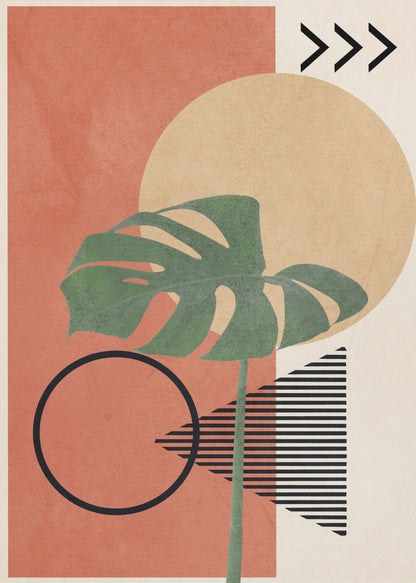 A modern abstract art print featuring a large green monstera leaf overlaid on a collection of geometric shapes. The background includes a terracotta rectangle, a large beige circle, and a cream-colored area with a striped triangle and three chevrons. A black outline of a circle sits in the lower left. Print