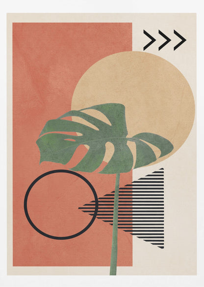 A modern abstract art print featuring a large green monstera leaf overlaid on a collection of geometric shapes. The background includes a terracotta rectangle, a large beige circle, and a cream-colored area with a striped triangle and three chevrons. A black outline of a circle sits in the lower left. Print