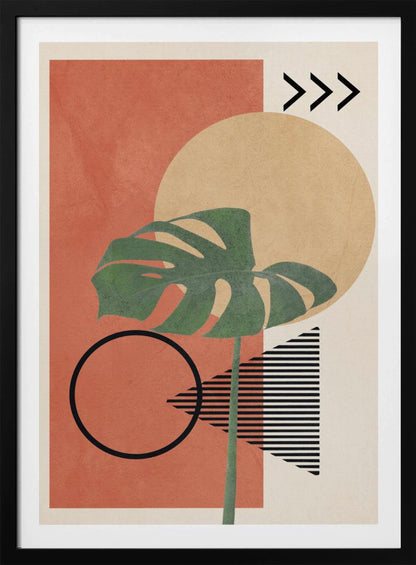 A modern abstract art print featuring a large green monstera leaf overlaid on a collection of geometric shapes. The background includes a terracotta rectangle, a large beige circle, and a cream-colored area with a striped triangle and three chevrons. A black outline of a circle sits in the lower left. Print