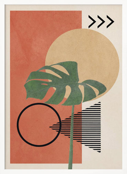 A modern abstract art print featuring a large green monstera leaf overlaid on a collection of geometric shapes. The background includes a terracotta rectangle, a large beige circle, and a cream-colored area with a striped triangle and three chevrons. A black outline of a circle sits in the lower left. Print