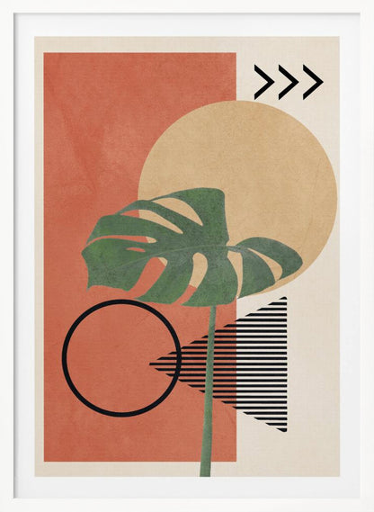 A modern abstract art print featuring a large green monstera leaf overlaid on a collection of geometric shapes. The background includes a terracotta rectangle, a large beige circle, and a cream-colored area with a striped triangle and three chevrons. A black outline of a circle sits in the lower left. Print