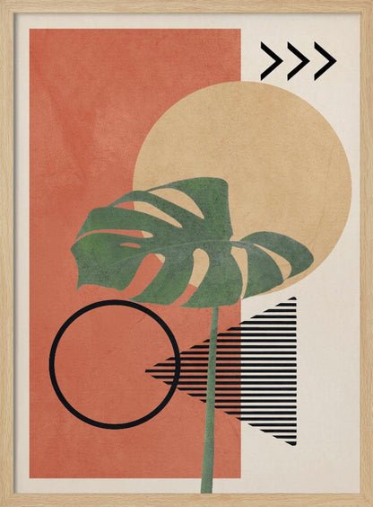 A modern abstract art print featuring a large green monstera leaf overlaid on a collection of geometric shapes. The background includes a terracotta rectangle, a large beige circle, and a cream-colored area with a striped triangle and three chevrons. A black outline of a circle sits in the lower left. Print