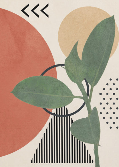 A modern abstract art print featuring a green leafy plant overlaid on a collage of geometric shapes, including a large terracotta circle, a beige circle, a black and white striped triangle, and a pattern of black dots, all on a cream background. Print