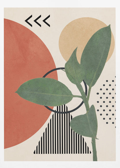 A modern abstract art print featuring a green leafy plant overlaid on a collage of geometric shapes, including a large terracotta circle, a beige circle, a black and white striped triangle, and a pattern of black dots, all on a cream background. Print