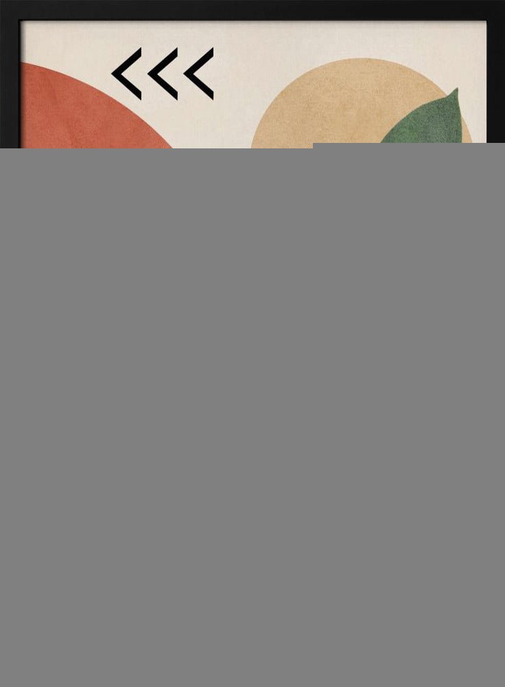 A modern abstract art print featuring a green leafy plant overlaid on a collage of geometric shapes, including a large terracotta circle, a beige circle, a black and white striped triangle, and a pattern of black dots, all on a cream background. Print