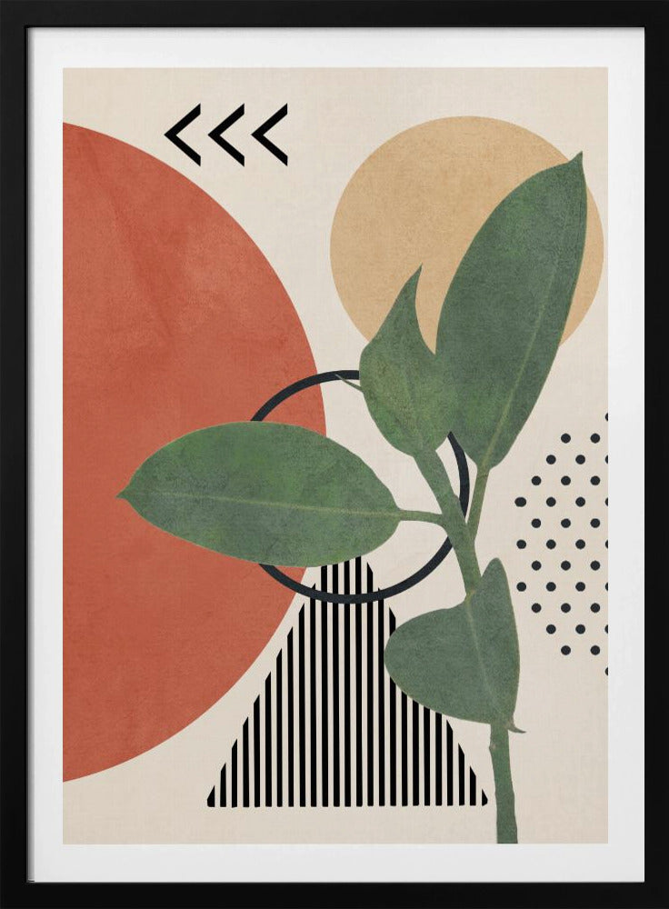 A modern abstract art print featuring a green leafy plant overlaid on a collage of geometric shapes, including a large terracotta circle, a beige circle, a black and white striped triangle, and a pattern of black dots, all on a cream background. Print