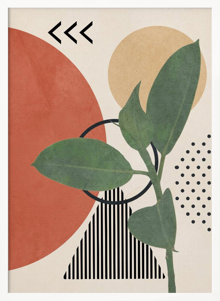 A modern abstract art print featuring a green leafy plant overlaid on a collage of geometric shapes, including a large terracotta circle, a beige circle, a black and white striped triangle, and a pattern of black dots, all on a cream background. Print