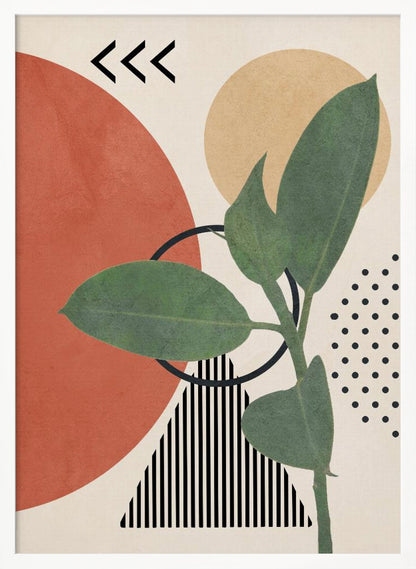 A modern abstract art print featuring a green leafy plant overlaid on a collage of geometric shapes, including a large terracotta circle, a beige circle, a black and white striped triangle, and a pattern of black dots, all on a cream background. Print