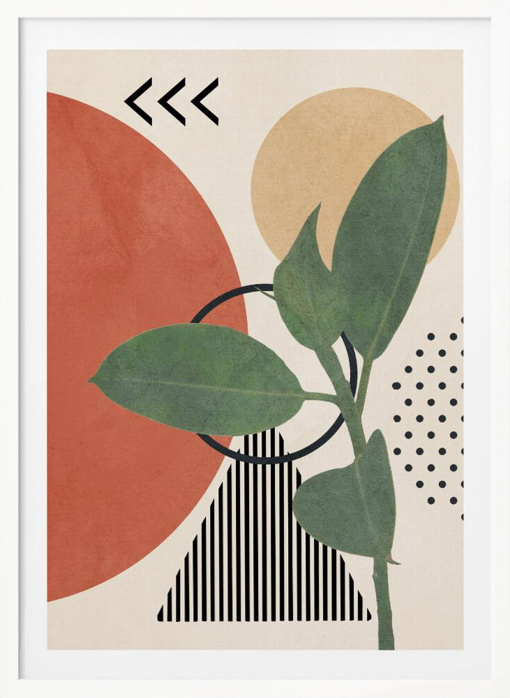 A modern abstract art print featuring a green leafy plant overlaid on a collage of geometric shapes, including a large terracotta circle, a beige circle, a black and white striped triangle, and a pattern of black dots, all on a cream background. Print