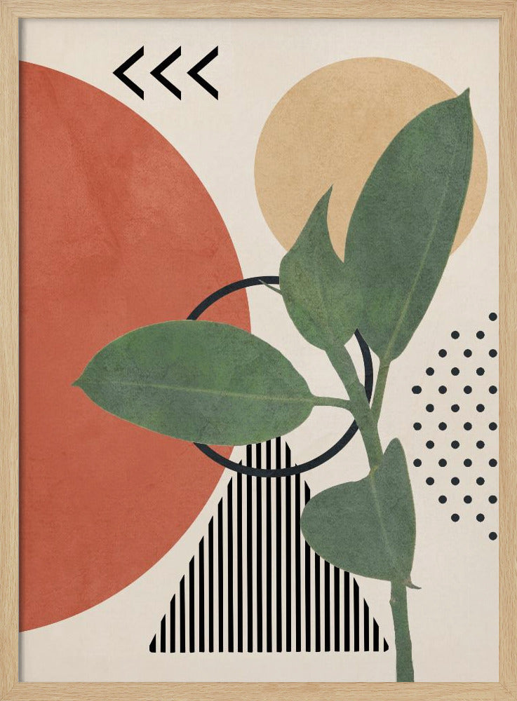 A modern abstract art print featuring a green leafy plant overlaid on a collage of geometric shapes, including a large terracotta circle, a beige circle, a black and white striped triangle, and a pattern of black dots, all on a cream background. Print