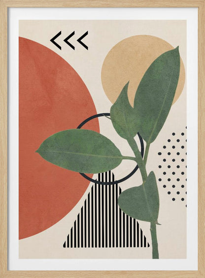 A modern abstract art print featuring a green leafy plant overlaid on a collage of geometric shapes, including a large terracotta circle, a beige circle, a black and white striped triangle, and a pattern of black dots, all on a cream background. Print