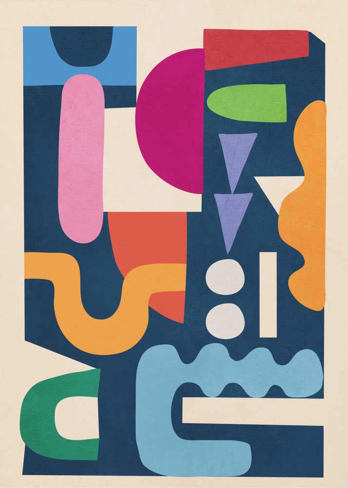 A modern abstract art print in a black frame, featuring a vibrant collage of colorful, cut-out style shapes against a dark navy blue background. The composition includes a mix of geometric and organic forms in shades of magenta, pink, orange, green, red, purple, and light blue, all contained within a cream-colored border. Print