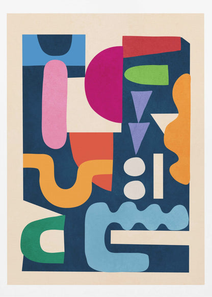 A modern abstract art print in a black frame, featuring a vibrant collage of colorful, cut-out style shapes against a dark navy blue background. The composition includes a mix of geometric and organic forms in shades of magenta, pink, orange, green, red, purple, and light blue, all contained within a cream-colored border. Print
