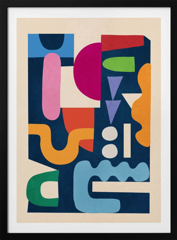 A modern abstract art print in a black frame, featuring a vibrant collage of colorful, cut-out style shapes against a dark navy blue background. The composition includes a mix of geometric and organic forms in shades of magenta, pink, orange, green, red, purple, and light blue, all contained within a cream-colored border. Print