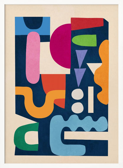 A modern abstract art print in a black frame, featuring a vibrant collage of colorful, cut-out style shapes against a dark navy blue background. The composition includes a mix of geometric and organic forms in shades of magenta, pink, orange, green, red, purple, and light blue, all contained within a cream-colored border. Print