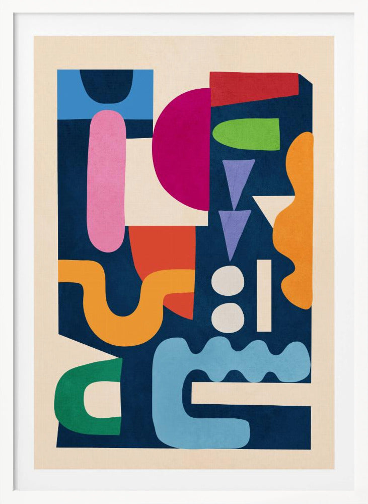 A modern abstract art print in a black frame, featuring a vibrant collage of colorful, cut-out style shapes against a dark navy blue background. The composition includes a mix of geometric and organic forms in shades of magenta, pink, orange, green, red, purple, and light blue, all contained within a cream-colored border. Print