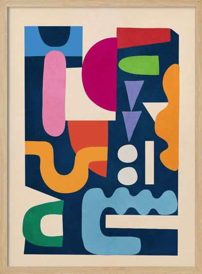 A modern abstract art print in a black frame, featuring a vibrant collage of colorful, cut-out style shapes against a dark navy blue background. The composition includes a mix of geometric and organic forms in shades of magenta, pink, orange, green, red, purple, and light blue, all contained within a cream-colored border. Print