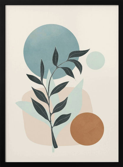 A minimalist abstract artwork featuring a dark silhouette of a plant stem with leaves, set against a background of geometric and organic shapes in muted blue, brown, and beige tones on a cream-colored canvas, all enclosed in a thin black frame. Decor