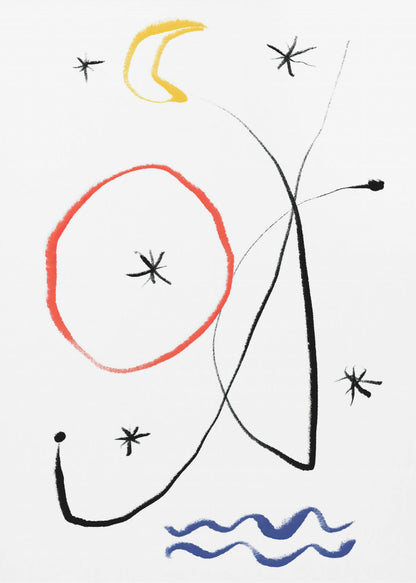 A minimalist abstract painting with a white background, featuring whimsical shapes in primary colors. There is a hand-drawn red circle, a yellow crescent moon, several black asterisk-like stars, and fluid black lines. At the bottom, two wavy blue lines suggest water. Artwork