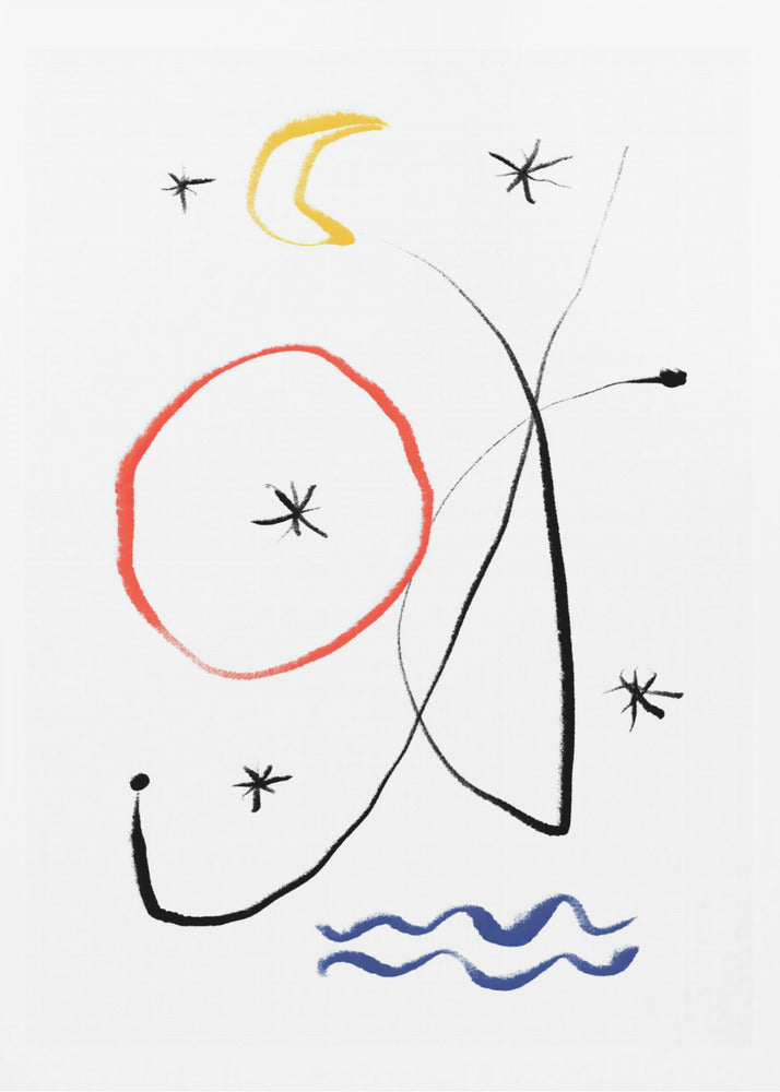 A minimalist abstract painting with a white background, featuring whimsical shapes in primary colors. There is a hand-drawn red circle, a yellow crescent moon, several black asterisk-like stars, and fluid black lines. At the bottom, two wavy blue lines suggest water. Artwork