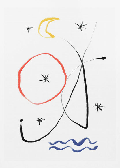 A minimalist abstract painting with a white background, featuring whimsical shapes in primary colors. There is a hand-drawn red circle, a yellow crescent moon, several black asterisk-like stars, and fluid black lines. At the bottom, two wavy blue lines suggest water. Artwork
