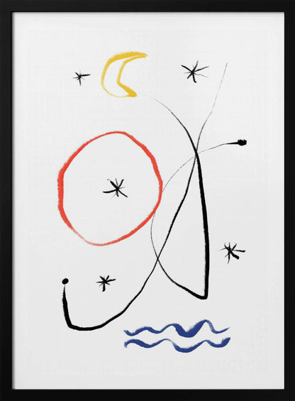A minimalist abstract painting with a white background, featuring whimsical shapes in primary colors. There is a hand-drawn red circle, a yellow crescent moon, several black asterisk-like stars, and fluid black lines. At the bottom, two wavy blue lines suggest water. Artwork