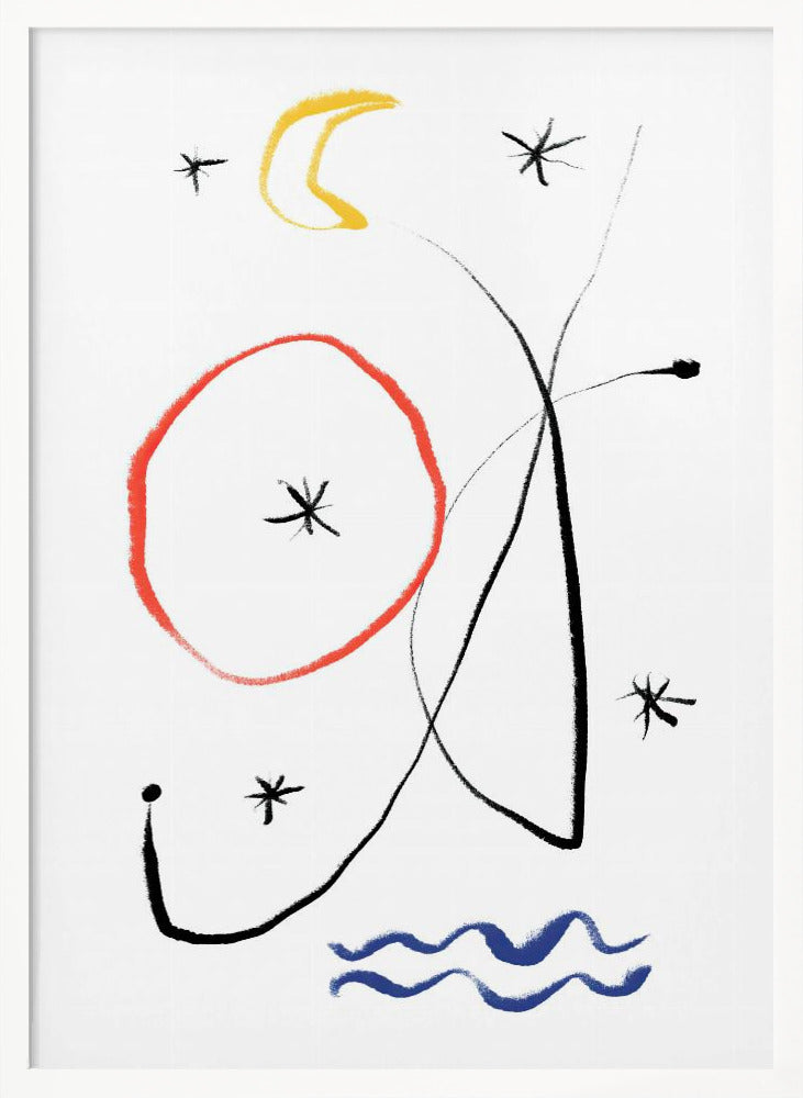 A minimalist abstract painting with a white background, featuring whimsical shapes in primary colors. There is a hand-drawn red circle, a yellow crescent moon, several black asterisk-like stars, and fluid black lines. At the bottom, two wavy blue lines suggest water. Artwork