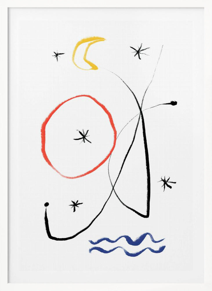 A minimalist abstract painting with a white background, featuring whimsical shapes in primary colors. There is a hand-drawn red circle, a yellow crescent moon, several black asterisk-like stars, and fluid black lines. At the bottom, two wavy blue lines suggest water. Artwork