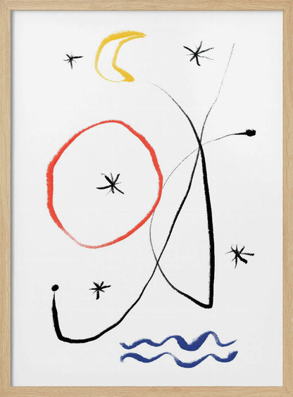 A minimalist abstract painting with a white background, featuring whimsical shapes in primary colors. There is a hand-drawn red circle, a yellow crescent moon, several black asterisk-like stars, and fluid black lines. At the bottom, two wavy blue lines suggest water. Artwork