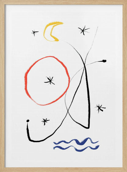 A minimalist abstract painting with a white background, featuring whimsical shapes in primary colors. There is a hand-drawn red circle, a yellow crescent moon, several black asterisk-like stars, and fluid black lines. At the bottom, two wavy blue lines suggest water. Artwork