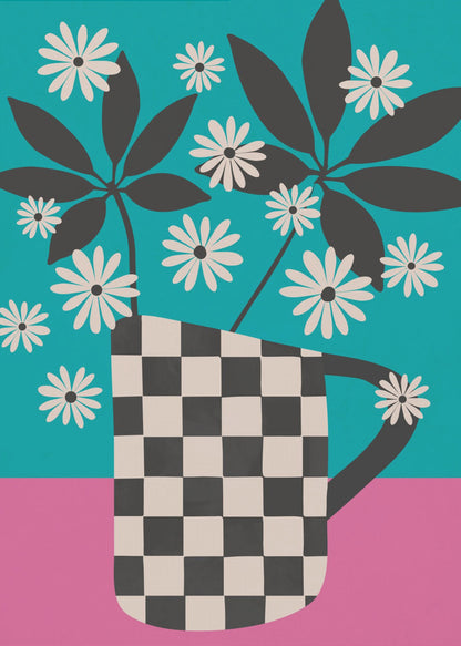 A graphic illustration of stylized white daisies and dark leaves in a black and white checkered vase, set against a color-blocked background of vibrant teal and pink. Wall Art