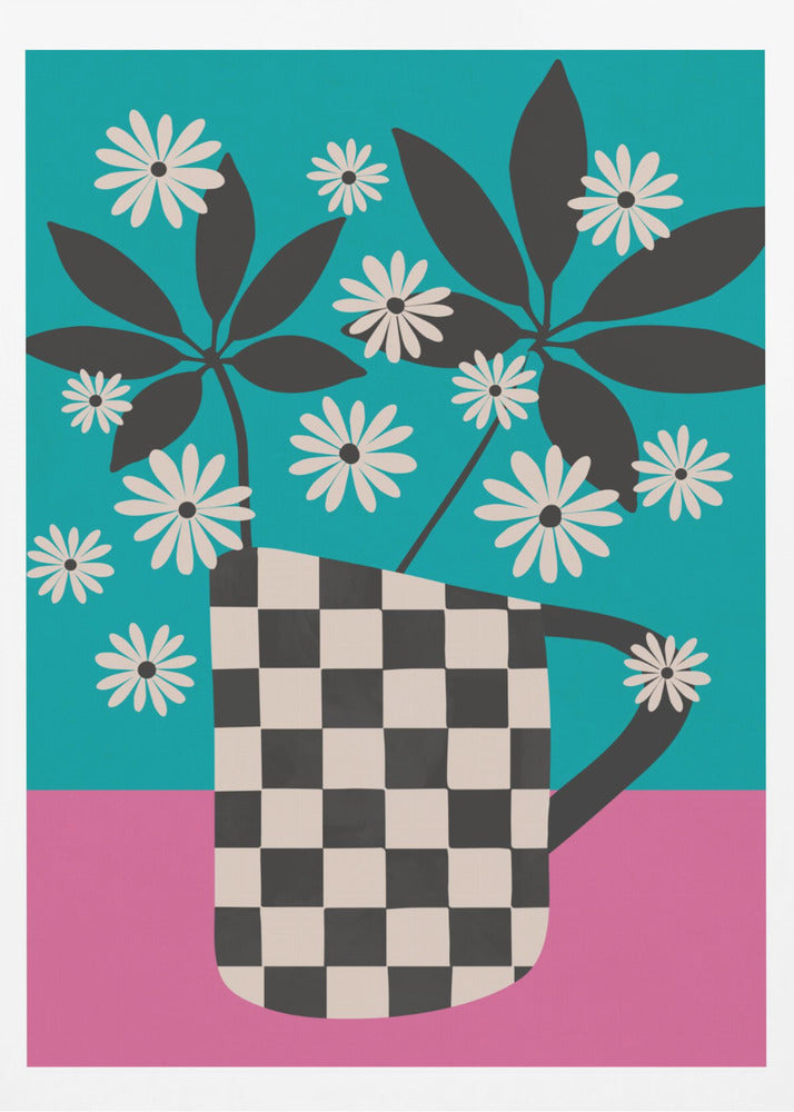 A graphic illustration of stylized white daisies and dark leaves in a black and white checkered vase, set against a color-blocked background of vibrant teal and pink. Wall Art