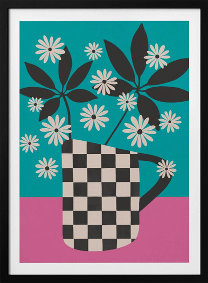 A graphic illustration of stylized white daisies and dark leaves in a black and white checkered vase, set against a color-blocked background of vibrant teal and pink. Wall Art