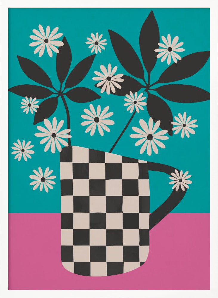 A graphic illustration of stylized white daisies and dark leaves in a black and white checkered vase, set against a color-blocked background of vibrant teal and pink. Wall Art