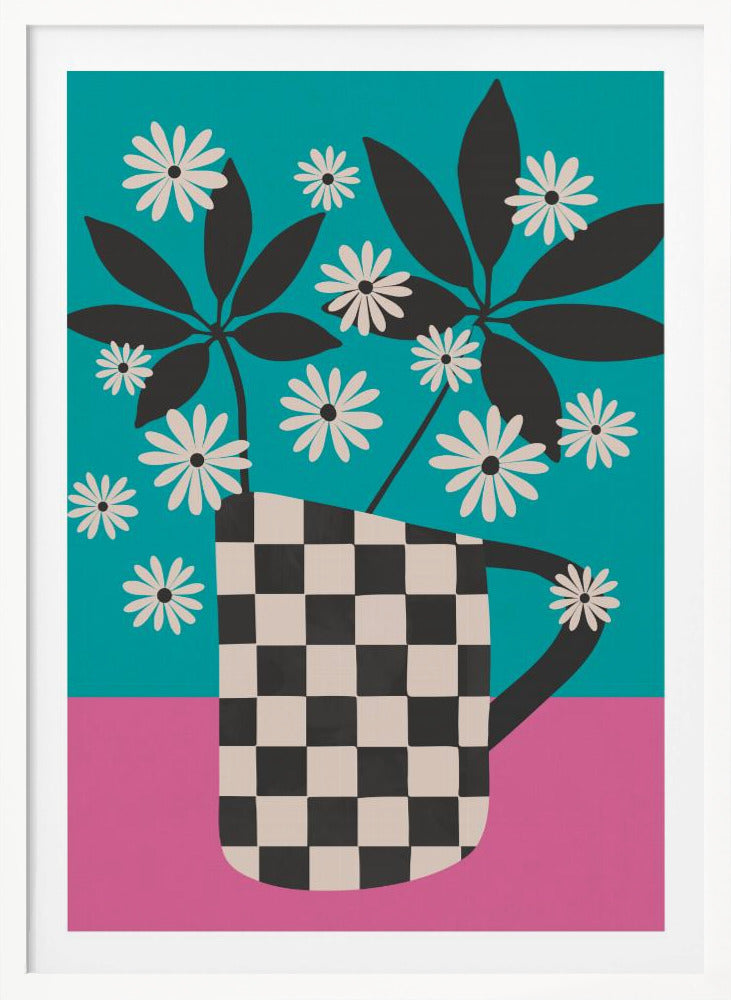 A graphic illustration of stylized white daisies and dark leaves in a black and white checkered vase, set against a color-blocked background of vibrant teal and pink. Wall Art