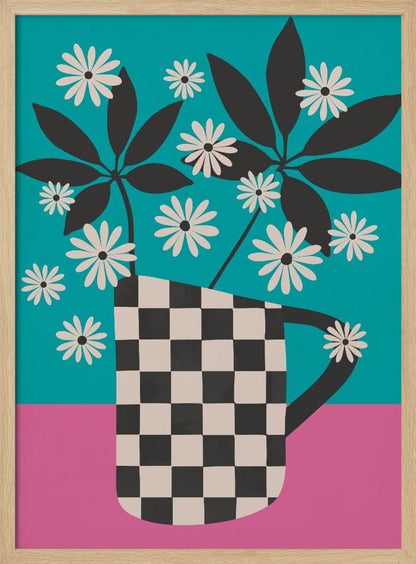A graphic illustration of stylized white daisies and dark leaves in a black and white checkered vase, set against a color-blocked background of vibrant teal and pink. Wall Art