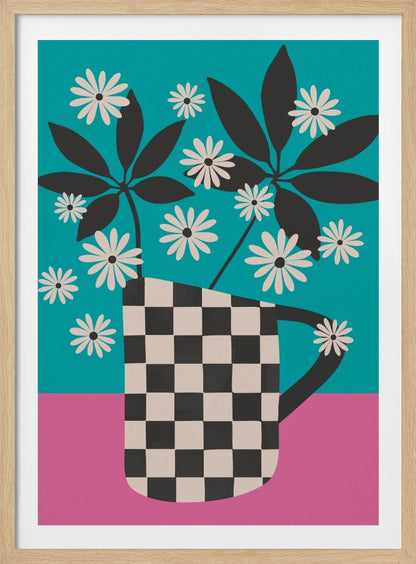 A graphic illustration of stylized white daisies and dark leaves in a black and white checkered vase, set against a color-blocked background of vibrant teal and pink. Wall Art