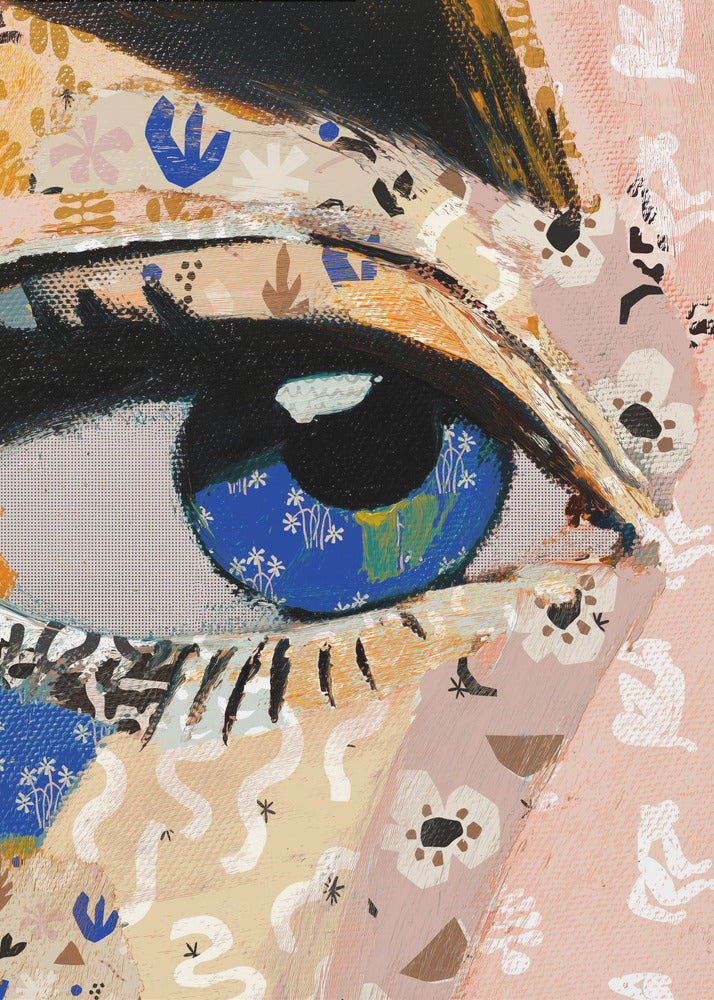 A vibrant mixed-media collage painting focusing on a large human eye. The iris is a deep blue filled with tiny white flower patterns, while the surrounding skin is a patchwork of pink and beige papers with various abstract and floral motifs. The eye is framed by thick black eyeliner. Wall Art