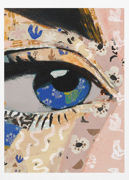 A vibrant mixed-media collage painting focusing on a large human eye. The iris is a deep blue filled with tiny white flower patterns, while the surrounding skin is a patchwork of pink and beige papers with various abstract and floral motifs. The eye is framed by thick black eyeliner. Wall Art