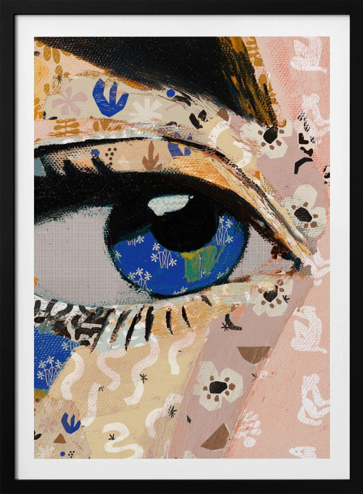 A vibrant mixed-media collage painting focusing on a large human eye. The iris is a deep blue filled with tiny white flower patterns, while the surrounding skin is a patchwork of pink and beige papers with various abstract and floral motifs. The eye is framed by thick black eyeliner. Wall Art