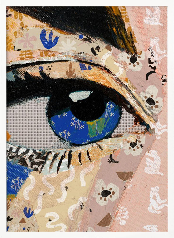 A vibrant mixed-media collage painting focusing on a large human eye. The iris is a deep blue filled with tiny white flower patterns, while the surrounding skin is a patchwork of pink and beige papers with various abstract and floral motifs. The eye is framed by thick black eyeliner. Wall Art