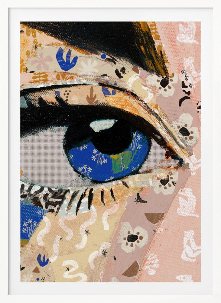 A vibrant mixed-media collage painting focusing on a large human eye. The iris is a deep blue filled with tiny white flower patterns, while the surrounding skin is a patchwork of pink and beige papers with various abstract and floral motifs. The eye is framed by thick black eyeliner. Wall Art