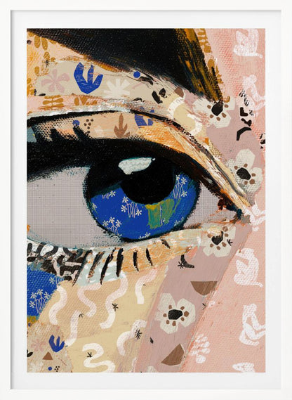 A vibrant mixed-media collage painting focusing on a large human eye. The iris is a deep blue filled with tiny white flower patterns, while the surrounding skin is a patchwork of pink and beige papers with various abstract and floral motifs. The eye is framed by thick black eyeliner. Wall Art